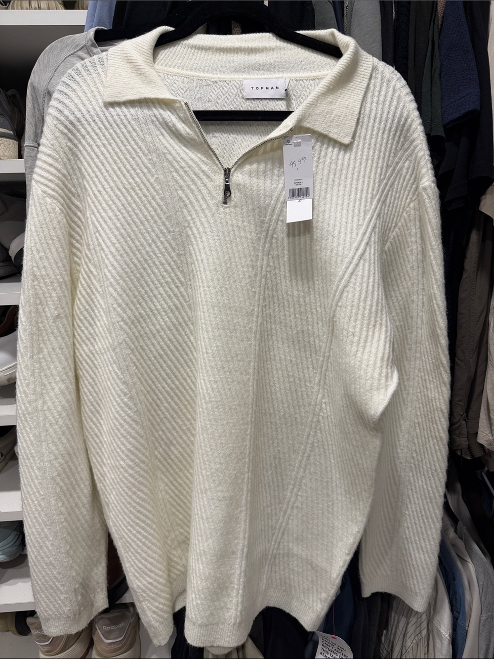 Topman Off-White Zip-Neck Ribbed Knit Pullover